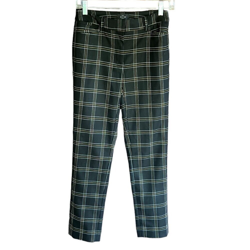 White House Black Market Black/White/Yellow Plaid The Slim Ankle Pants, Size 00